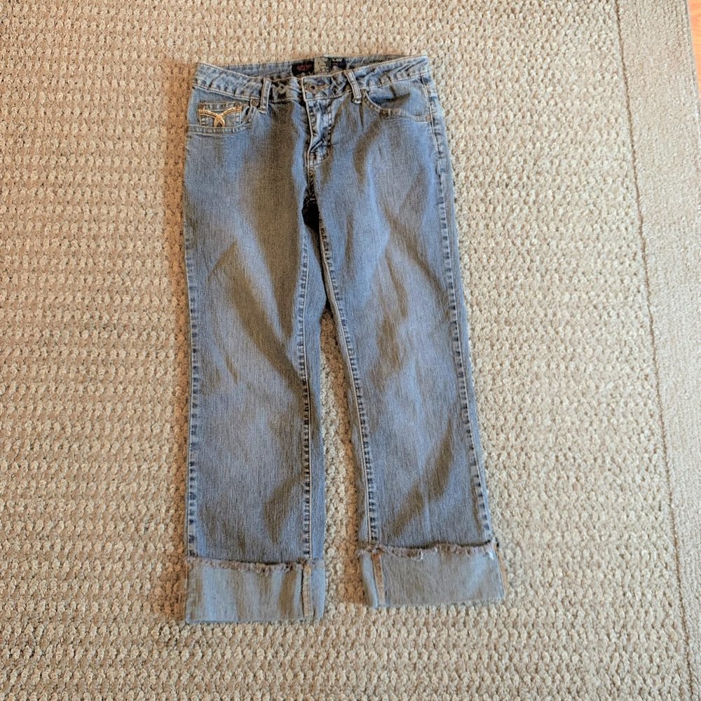JEANS - sz 3/4 OTB (One Tuff Babe) capri jeans, stretch, cuffed, embroidered